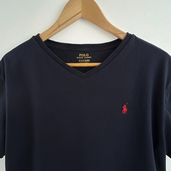 Polo Ralph Lauren Men’s V-Neck T-Shirt Navy Blue with Red Logo Size Large - Picture 1 of 7